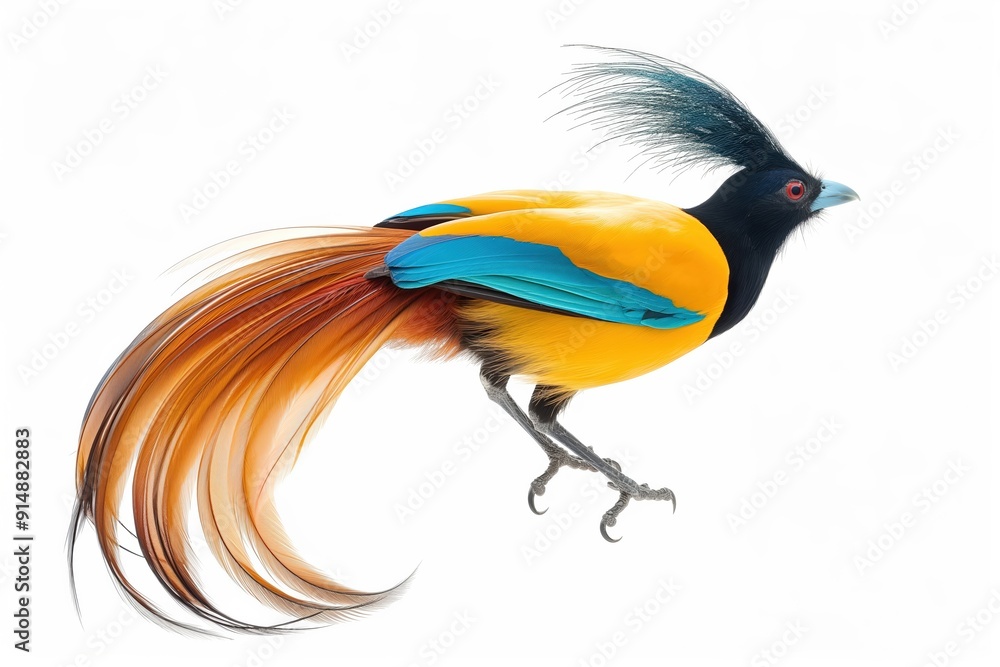 Fototapeta premium Golden bird of paradise showing beautiful colors while walking