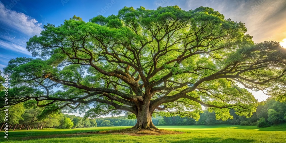 Fototapeta premium Tall and majestic oak tree surrounded by lush greenery in a forest setting, nature, tree, oak, foliage, woods, environment