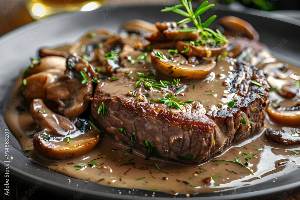 Delicious Steak with Mushroom Sauce and Rosemary - Food Photography Delicious Steak with Mushroom Sauce and Rosemary - Food Photography