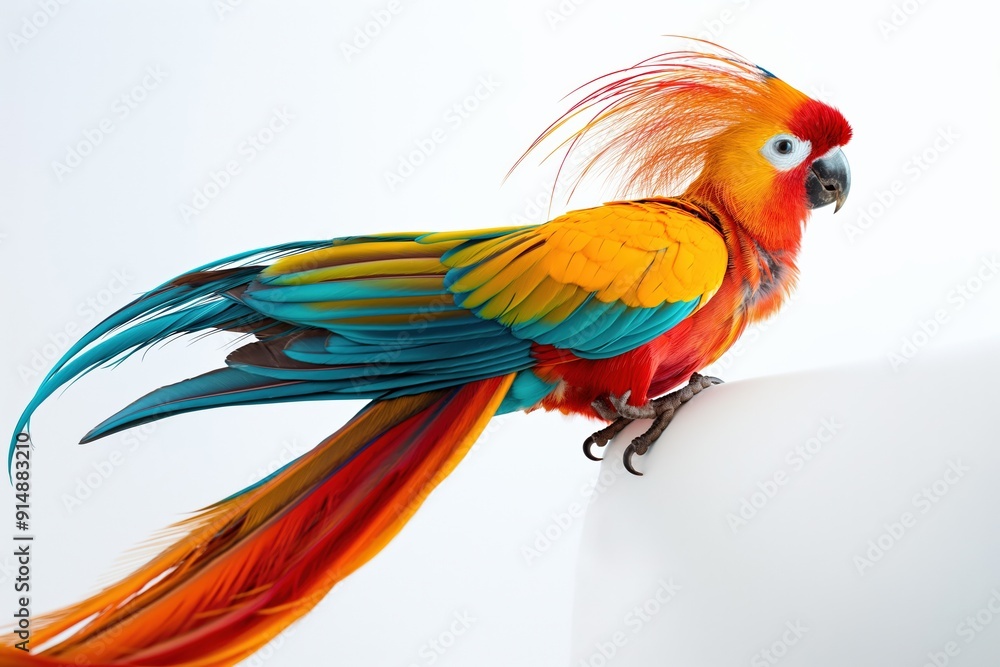 Fototapeta premium Scarlet macaw perched on white background showing its colorful plumage