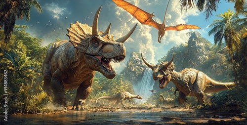 Fototapeta Naklejka Na Ścianę i Meble -  Three Dinosaurs in a Tropical Jungle Setting