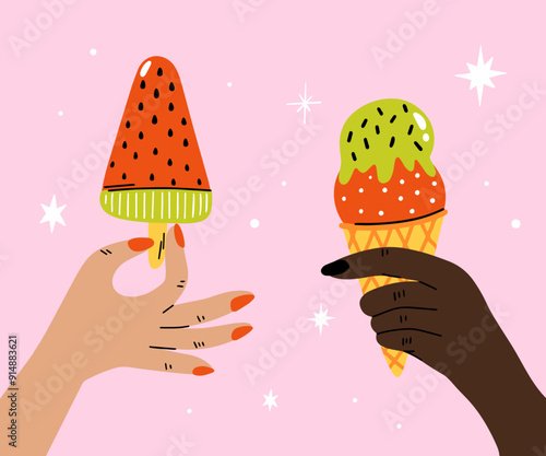 Hands holding various delicious ice cream balls in waffle cones, sweet frozen yummy desserts, street food summer snacks with different flavors cartoon vector illustration