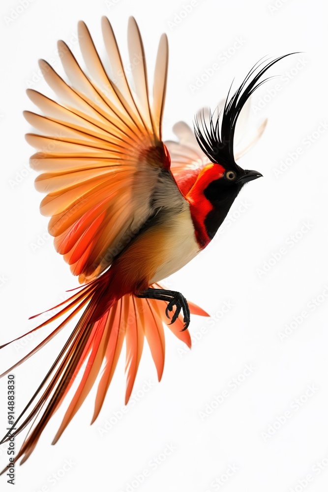 Exotic red bird with a black crest is flying on white background Exotic red bird with a black crest is flying on white background