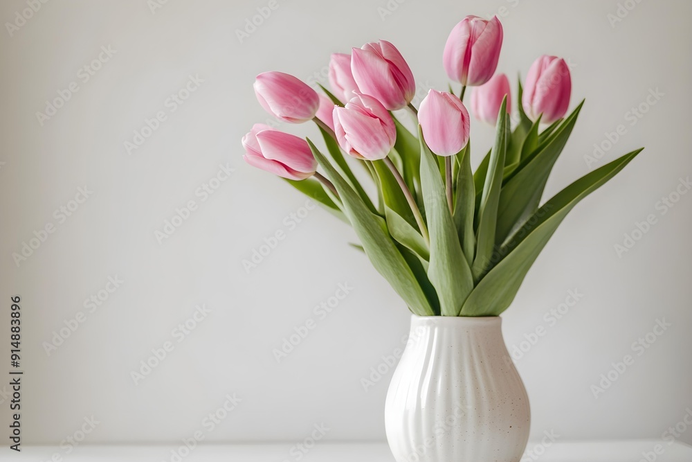 Beautiful pink tulip flowers bouquet in ceramic vase on white table. Aesthetic minimalist style floral composition with copy space Beautiful pink tulip flowers bouquet in ceramic vase on white table. Aesthetic minimalist style floral composition with copy space