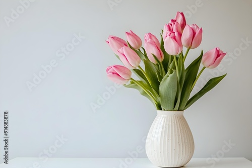 Wallpaper Mural Beautiful pink tulip flowers bouquet in ceramic vase on white table. Aesthetic minimalist style floral composition with copy space Torontodigital.ca