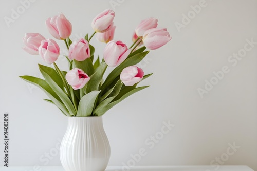 Beautiful pink tulip flowers bouquet in ceramic vase on white table. Aesthetic minimalist style floral composition with copy space