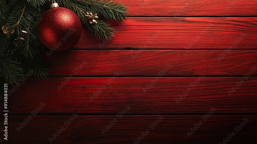 Red Christmas Ornament on a Red Wooden Background Red Christmas Ornament on a Red Wooden Background