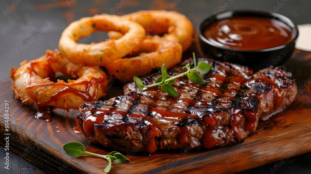 Grilled Steak with Onion Rings and Barbecue Sauce - Food Photography Grilled Steak with Onion Rings and Barbecue Sauce - Food Photography