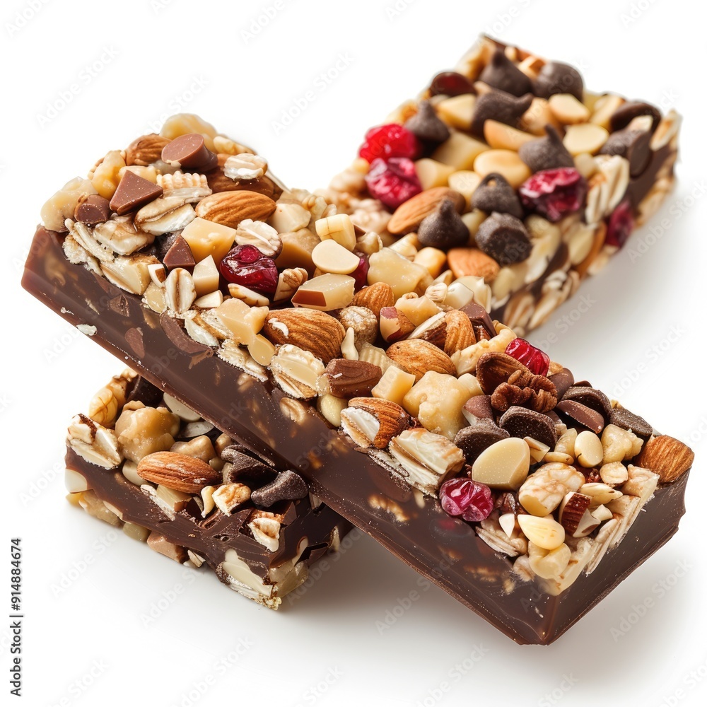Muesli bars with nuts and berries in close-up on a white background. The concept of a healthy snack. A delicious and nutritious treat. Muesli bars with nuts and berries in close-up on a white background. The concept of a healthy snack. A delicious and nutritious treat.