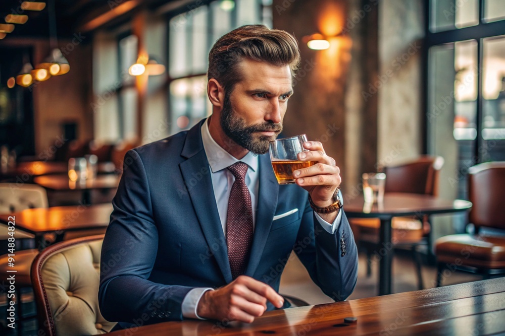 A man in a suit is sitting at a table with a glass of whiskey in front of him A man in a suit is sitting at a table with a glass of whiskey in front of him