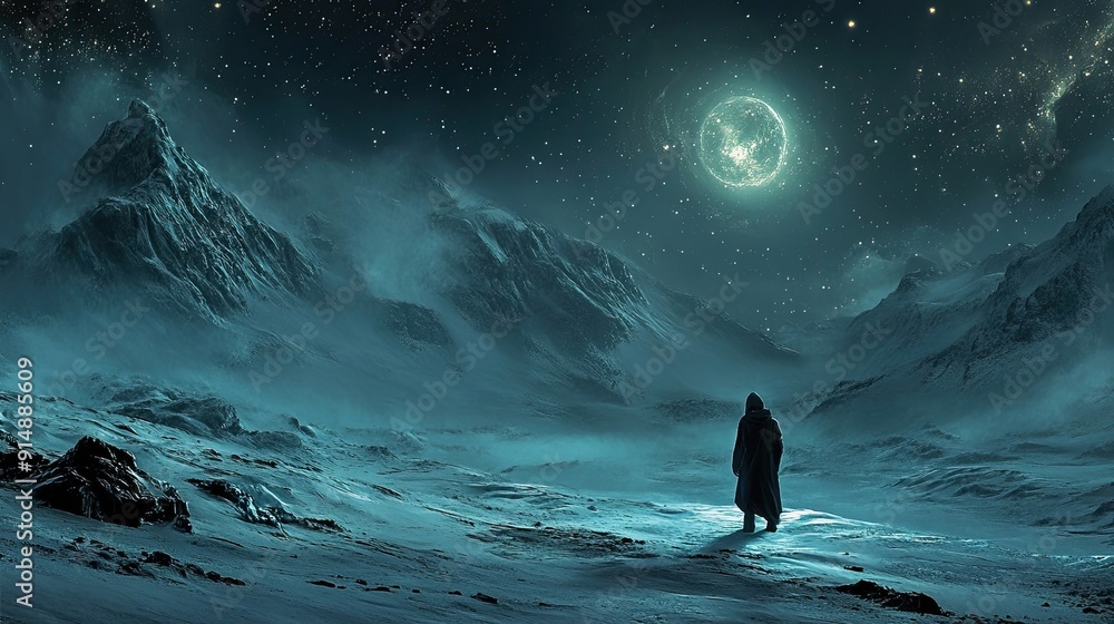 A solitary figure stands on a snowy, alien landscape under a bright, glowing orb. A solitary figure stands on a snowy, alien landscape under a bright, glowing orb.