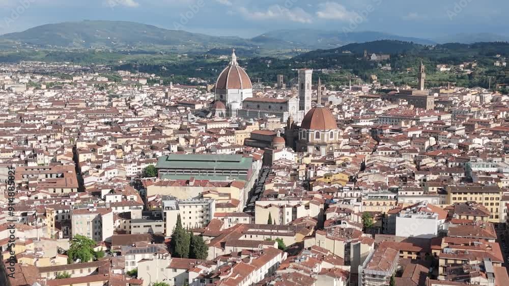 Florence Cathedral of Santa Maria del Fiore, aerial over Duomo and Italian neighborhood Florence Cathedral of Santa Maria del Fiore, aerial over Duomo and Italian neighborhood