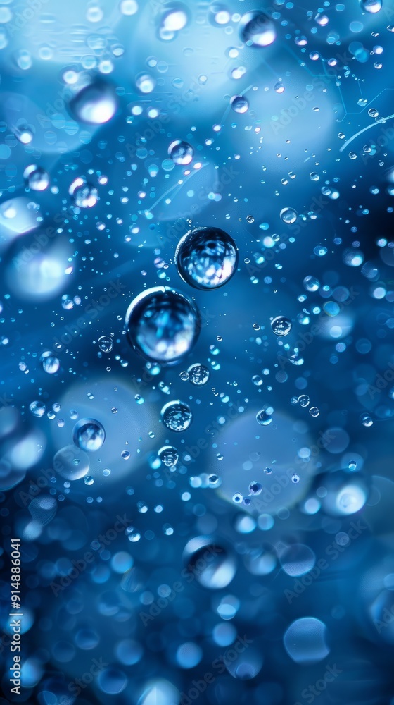 Close up of water bubbles on blue background. Abstract blue fresh hygiene template. Luxury cosmetics body care and clean energy. Concept shot of transparent elegant vitality serum air bubbles Close up of water bubbles on blue background. Abstract blue fresh hygiene template. Luxury cosmetics body care and clean energy. Concept shot of transparent elegant vitality serum air bubbles