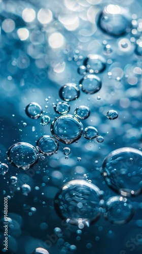 Wallpaper Mural Close up of water bubbles on blue background. Abstract blue fresh hygiene template. Luxury cosmetics body care and clean energy. Concept shot of transparent elegant vitality serum air bubbles Torontodigital.ca