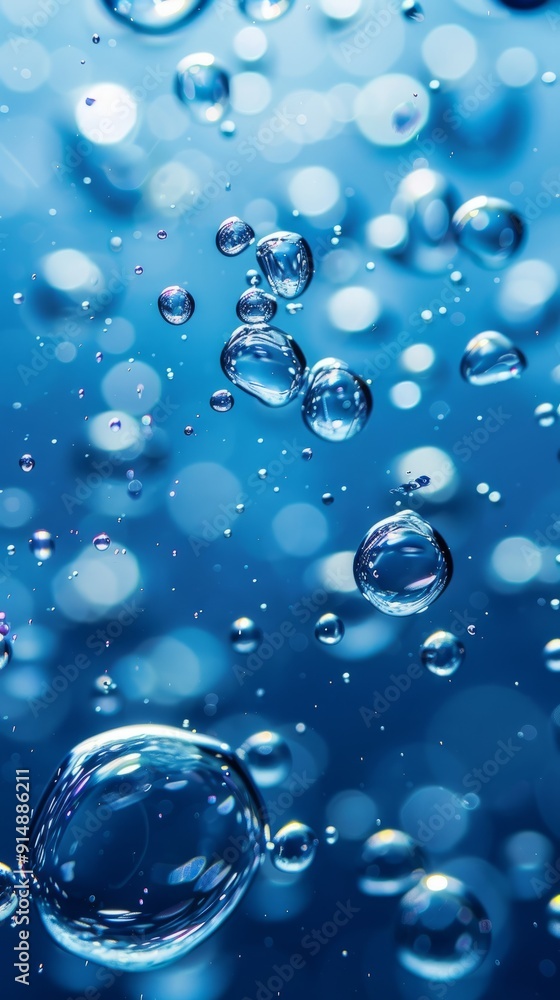 Close up of water bubbles on blue background. Abstract blue fresh hygiene template. Luxury cosmetics body care and clean energy. Concept shot of transparent elegant vitality serum air bubbles Close up of water bubbles on blue background. Abstract blue fresh hygiene template. Luxury cosmetics body care and clean energy. Concept shot of transparent elegant vitality serum air bubbles