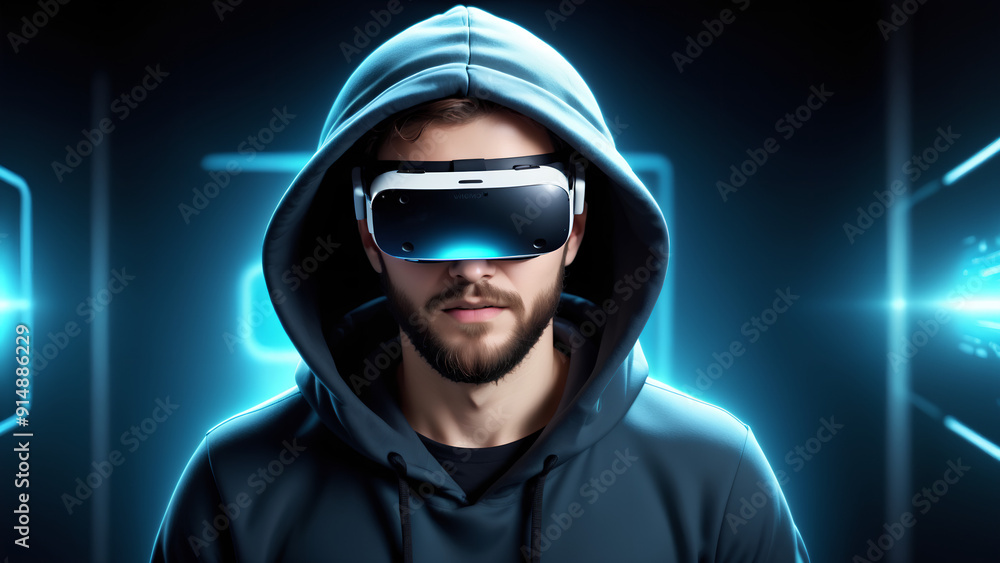 Modern Virtual Reality VR Headset on Man in Hoodie Modern Virtual Reality VR Headset on Man in Hoodie