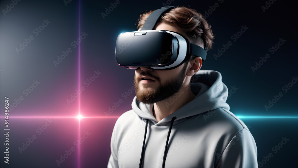 Modern Virtual Reality VR Headset on Man in Hoodie Modern Virtual Reality VR Headset on Man in Hoodie