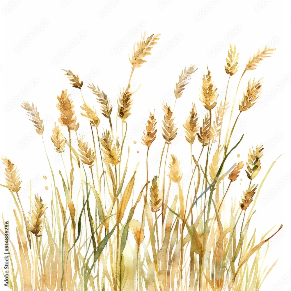 (s): Watercolor painting of a field of golden wheat, on isolated white background (s): Watercolor painting of a field of golden wheat, on isolated white background