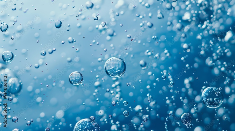 Close up of water bubbles on blue background. Abstract blue fresh hygiene template. Luxury cosmetics body care and clean energy. Concept shot of transparent elegant vitality serum air bubbles Close up of water bubbles on blue background. Abstract blue fresh hygiene template. Luxury cosmetics body care and clean energy. Concept shot of transparent elegant vitality serum air bubbles
