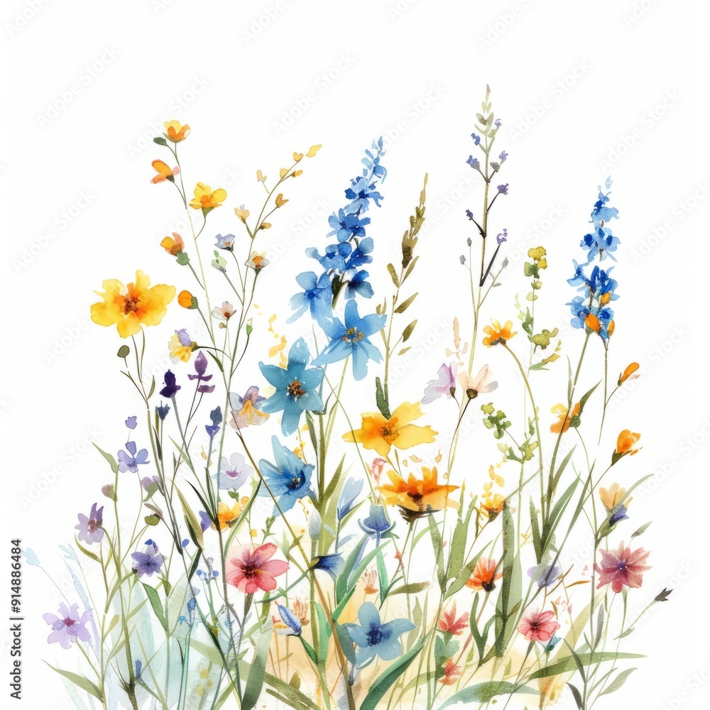Watercolor painting of a field of wildflowers, on isolated white background Watercolor painting of a field of wildflowers, on isolated white background