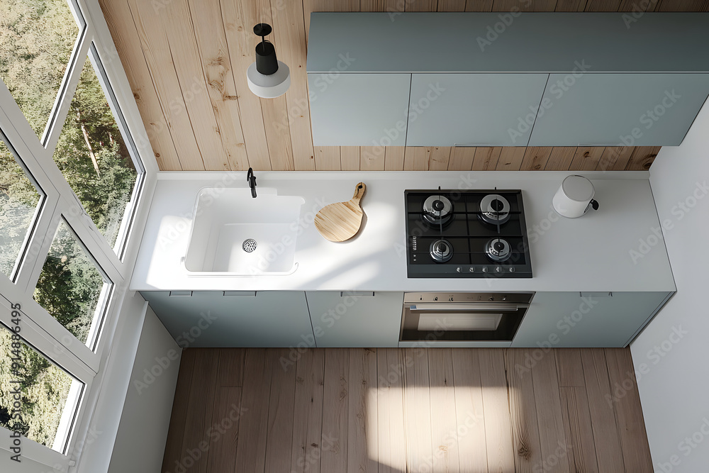 Fototapeta premium Compact Kitchen Space with a Bright White Counter in a Cozy Setting