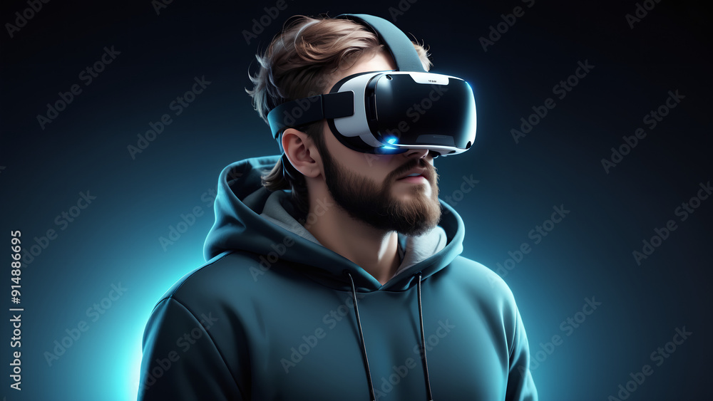 Modern Virtual Reality VR Headset on Man in Hoodie Modern Virtual Reality VR Headset on Man in Hoodie