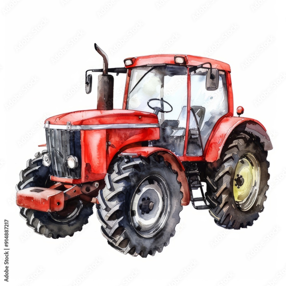 Obraz premium Watercolor painting of a red tractor, on isolated white background