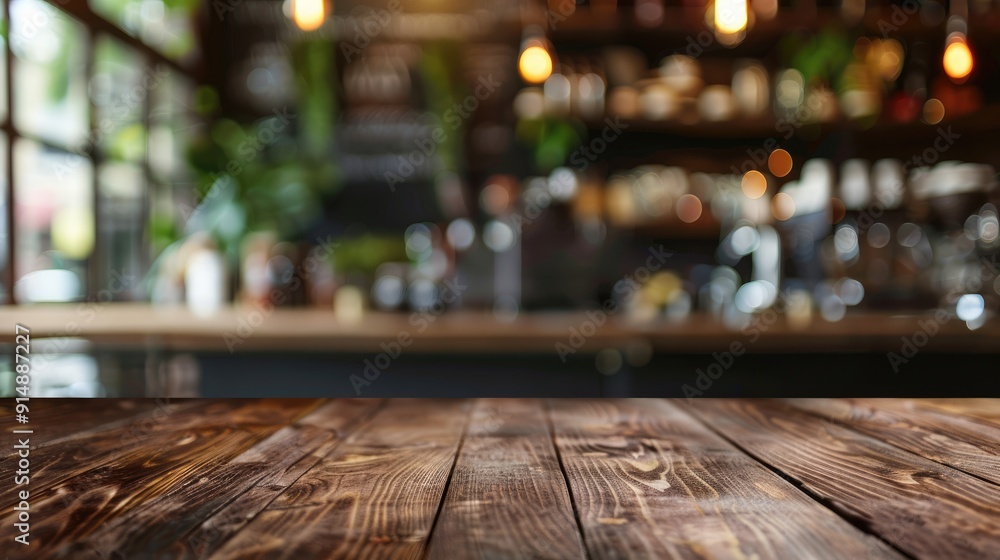 Wooden tabletop in blurry coffee shop background, panoramic banner for product display. Wooden tabletop in blurry coffee shop background, panoramic banner for product display.