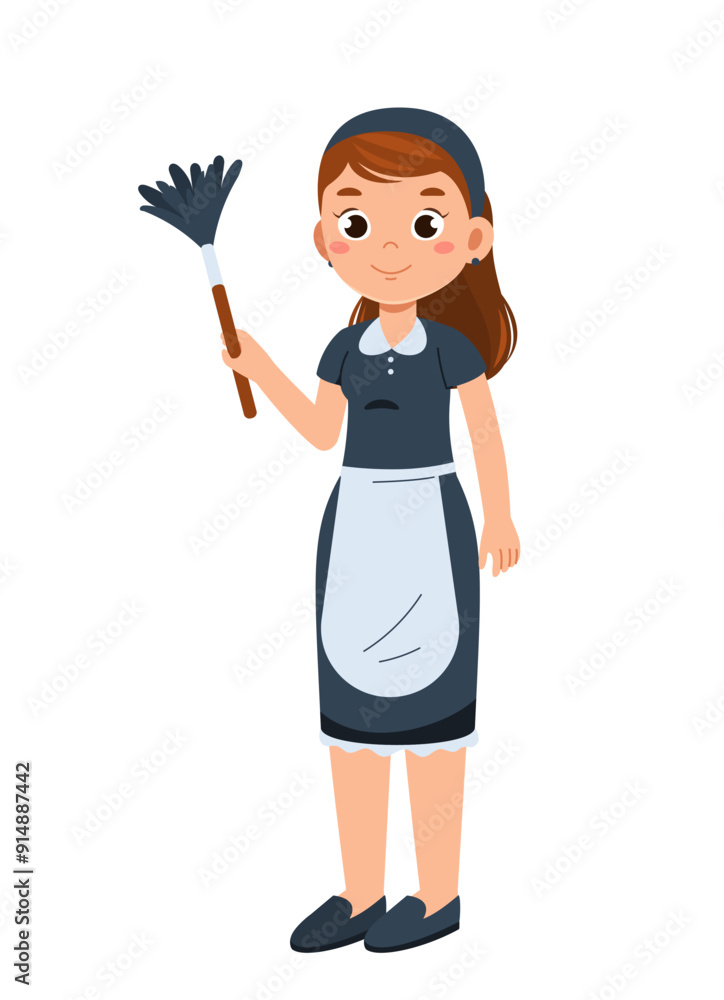 Maid with duster. Woman in uniform with small brush. Cleaning service employee. Housewife with household chores and routine. Flat vector illustration