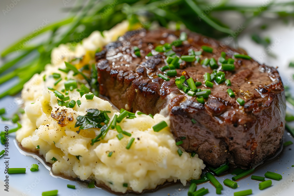 Grilled Steak with Mashed Potatoes and Chives - Food Photography Grilled Steak with Mashed Potatoes and Chives - Food Photography