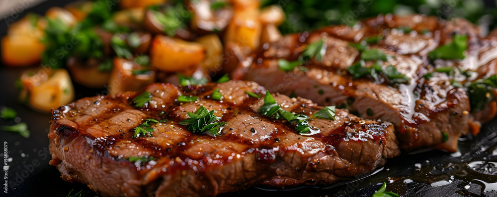 Grilled Steak with Roasted Potatoes and Mushrooms - Food Photography Grilled Steak with Roasted Potatoes and Mushrooms - Food Photography