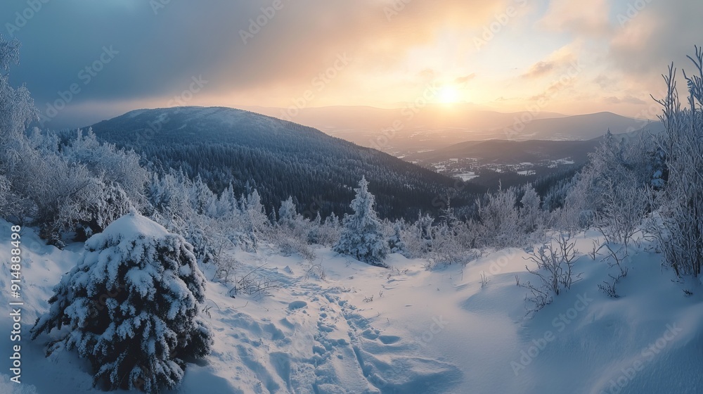 Beautiful panorama of the Polish Beskidy Mountains on the way to Rysianka during a snowy winter. The landscape was captured while trekking. Beautiful panorama of the Polish Beskidy Mountains on the way to Rysianka during a snowy winter. The landscape was captured while trekking.