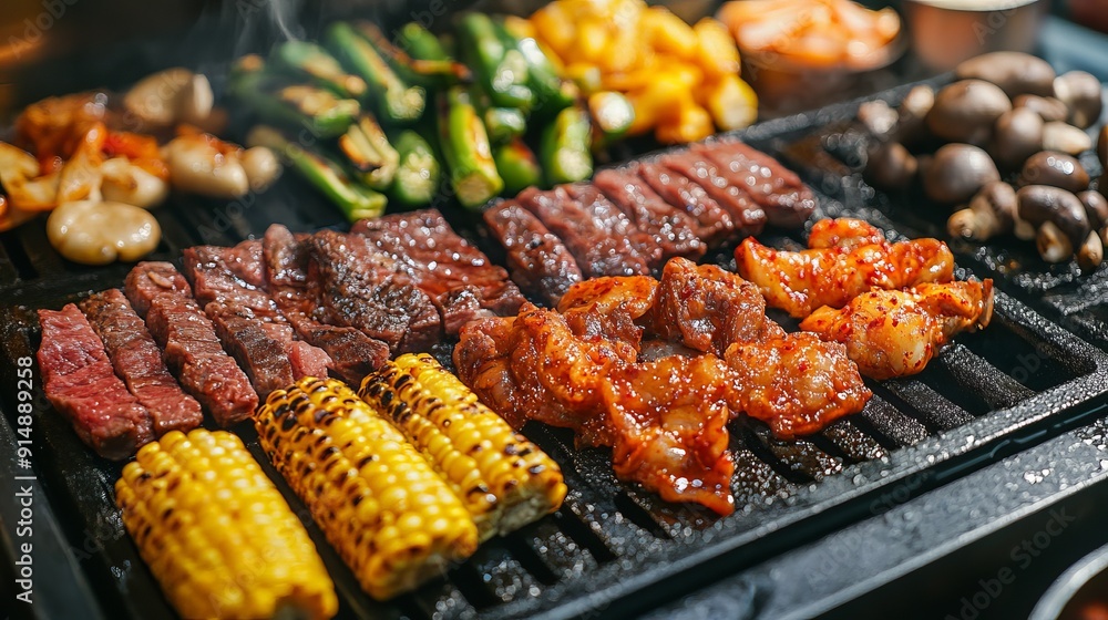 Close-up of BBQ pork, BBQ beef, corn, mushrooms, okra, and vegetables on a Korean-style grill with charcoal. Close-up of BBQ pork, BBQ beef, corn, mushrooms, okra, and vegetables on a Korean-style grill with charcoal.