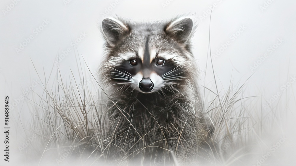 A raccoon facing the camera amidst tall grass in a hazy sky landscape A raccoon facing the camera amidst tall grass in a hazy sky landscape