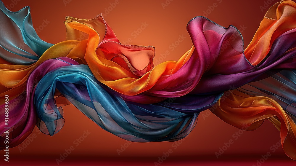 A vibrant abstract depicting a multi-hued cloth against a backdrop of red, orange, blue, and red A vibrant abstract depicting a multi-hued cloth against a backdrop of red, orange, blue, and red
