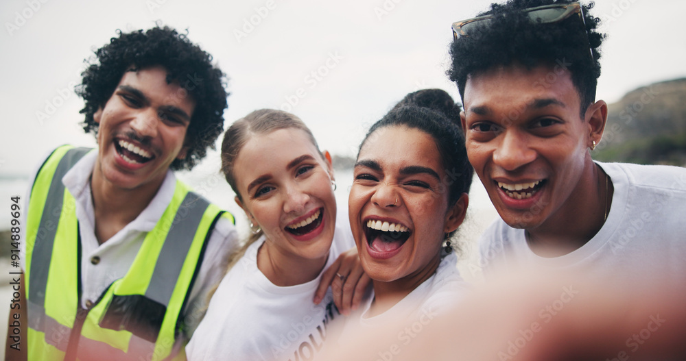Obraz premium Portrait, happy people and selfie of volunteer group in nature for community service, recycling and laughing. Face, men and diverse women with charity team for funny picture of friends on earth day