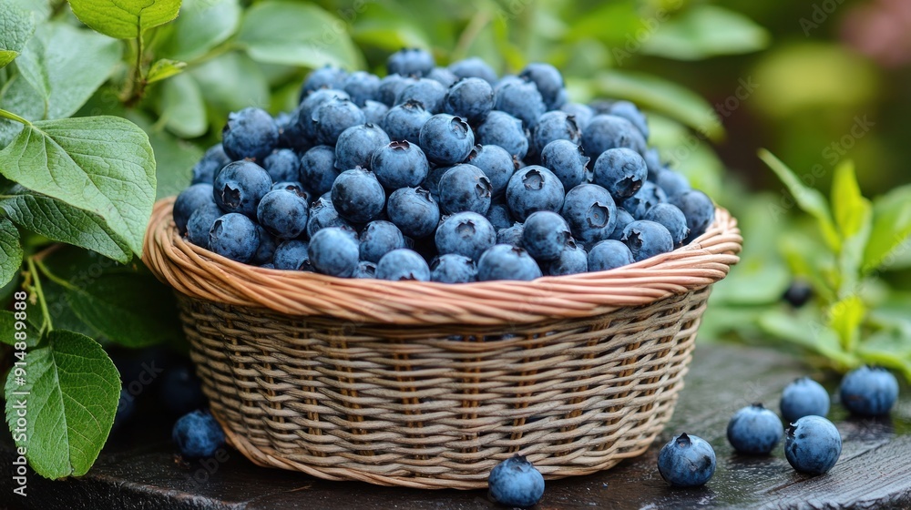 Freshly Picked Blueberries in a Wicker Basket Freshly Picked Blueberries in a Wicker Basket