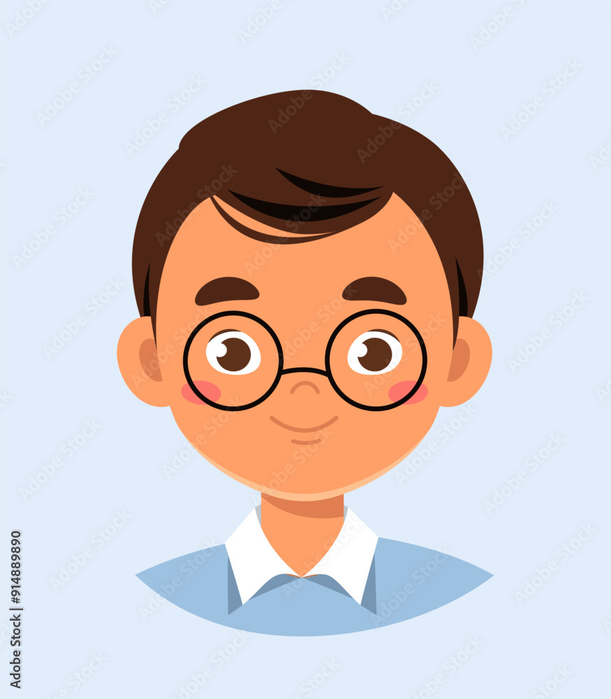 Boy in glasses. Happy schoolboy in eyeglasses. Cute and intellectual schooler. Avatar for social networks and messengers. Flat vector illustration Boy in glasses. Happy schoolboy in eyeglasses. Cute and intellectual schooler. Avatar for social networks and messengers. Flat vector illustration