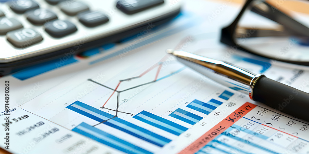 Pen, Calculator, and Financial Graph on Desk for Financial Planning Pen, Calculator, and Financial Graph on Desk for Financial Planning