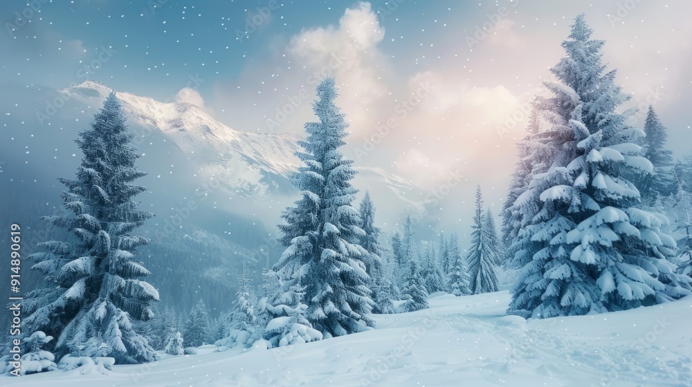 Fototapeta premium Snowy Mountain Landscape with Fir Trees