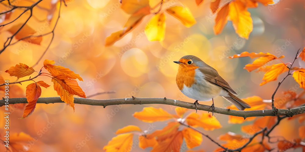 Robin Bird on a Branch with Vibrant Autumn Leaves Robin Bird on a Branch with Vibrant Autumn Leaves