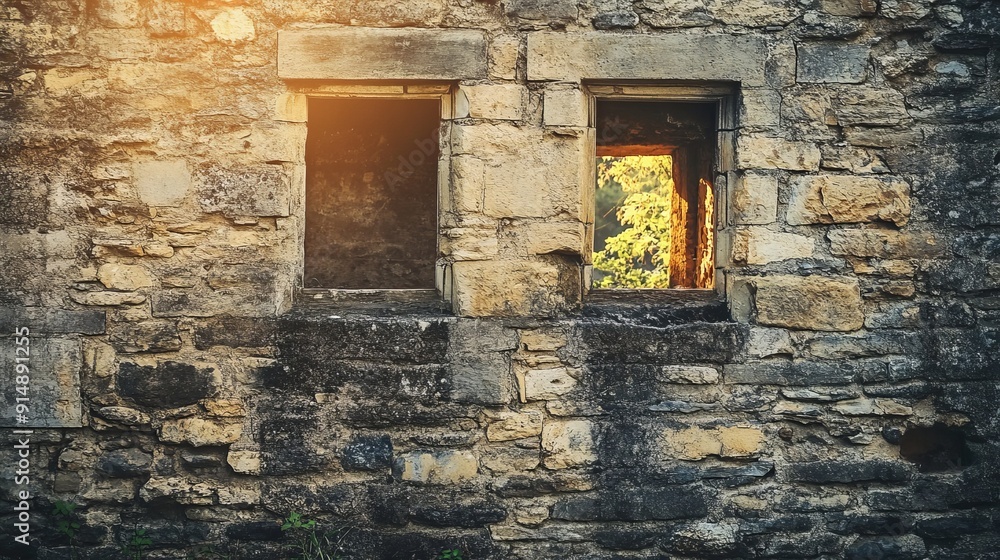 Naklejka premium Old castle wall made of natural stones, presented in a toned photo.