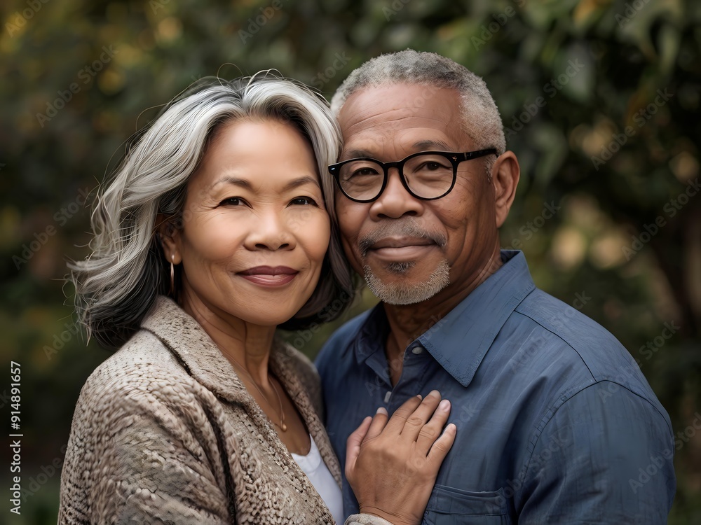 Fototapeta premium Portrait of a couple of black man from Africa and white woman from Asia, individuals of different races