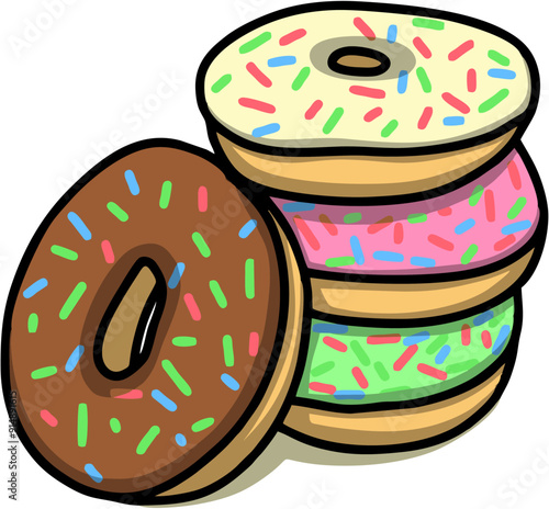 Sweet dessert donuts topped with sprinkles and melted jam