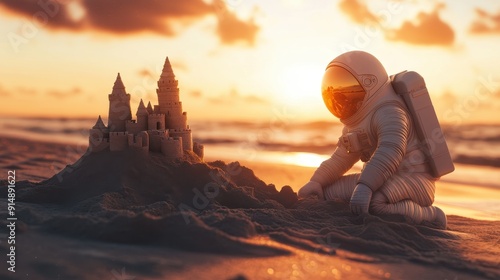 Astronaut building a sandcastle on a beach with sunset