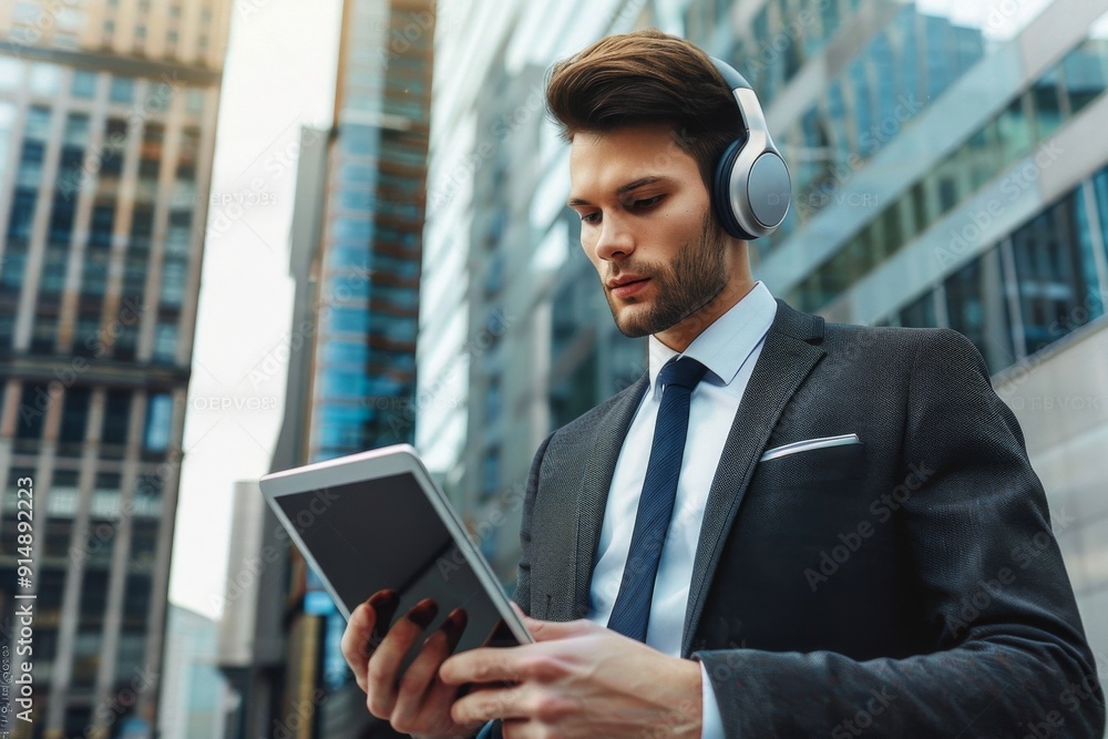 Young businessman in a suit using a tablet and headphones with a modern skyscraper and cityscape background, sharp focus, and bokeh effect. Young businessman in a suit using a tablet and headphones with a modern skyscraper and cityscape background, sharp focus, and bokeh effect.