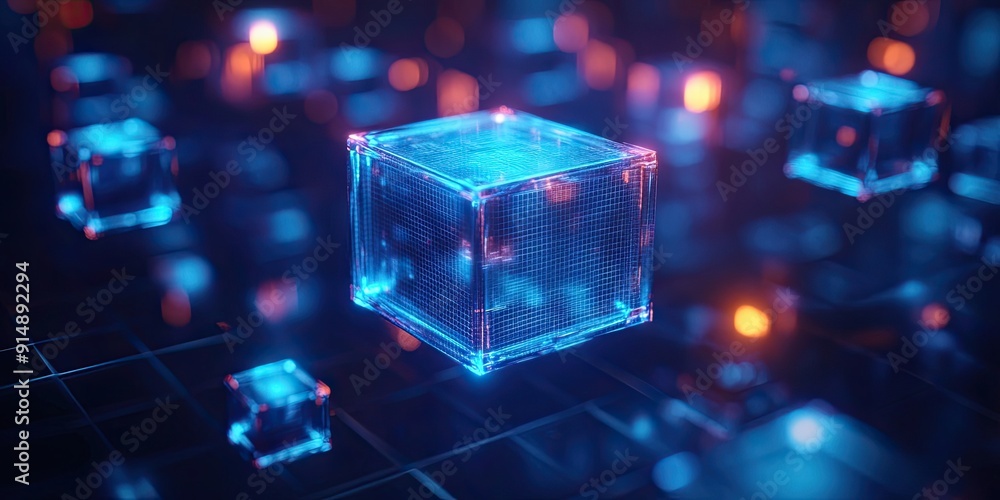 A Glowing Blue Cube with Grid Pattern Floating Above Other Cubes and Bokeh Lights A Glowing Blue Cube with Grid Pattern Floating Above Other Cubes and Bokeh Lights