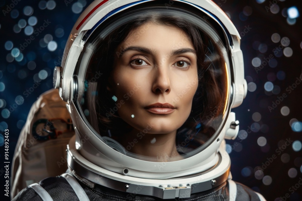 Serious female astronaut with dark hair and helmet gazing directly at the camera against a starry space background. Serious female astronaut with dark hair and helmet gazing directly at the camera against a starry space background.