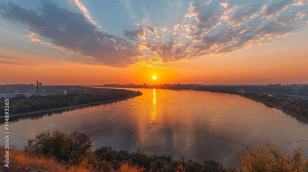 Sunset over the Dnipro River, with the evening water reflecting the last golden rays of the sun. Sunset over the Dnipro River, with the evening water reflecting the last golden rays of the sun.