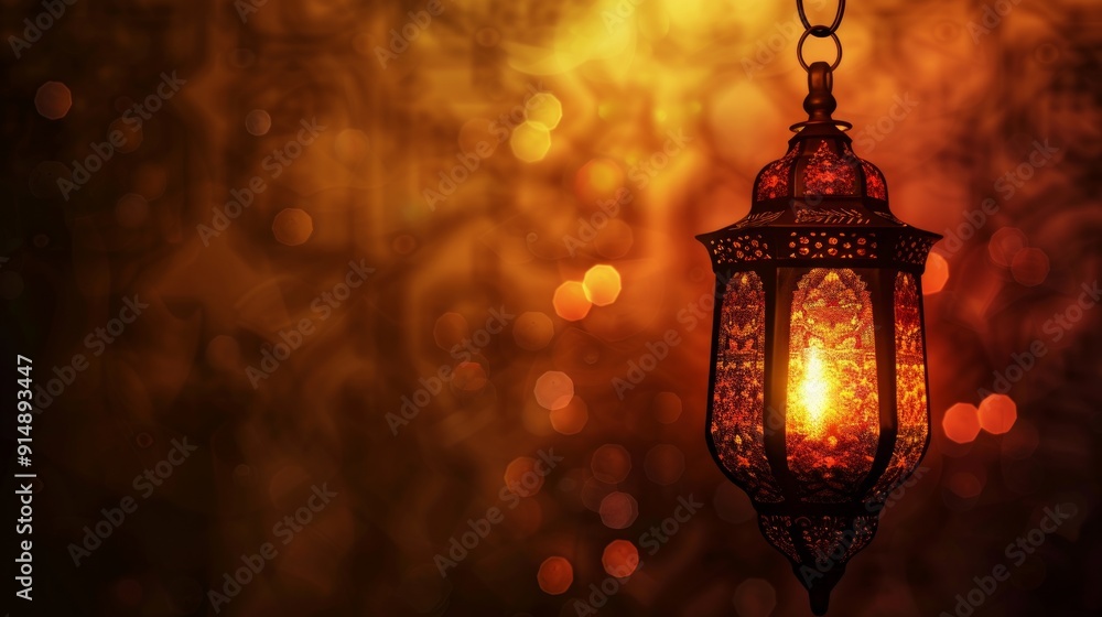 Ornate Ramadan Lantern Glowing with Warm Light Ornate Ramadan Lantern Glowing with Warm Light